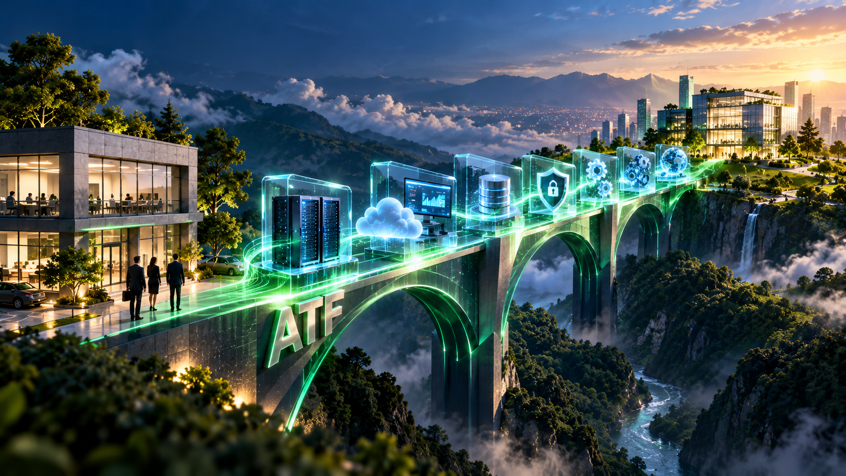 Ecosistema tecnológico empresarial conectado mediante infraestructura, nube, datos, seguridad y continuidad